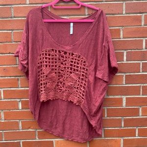 Free People Pink Shirt with Lace Front Panel, Size Large